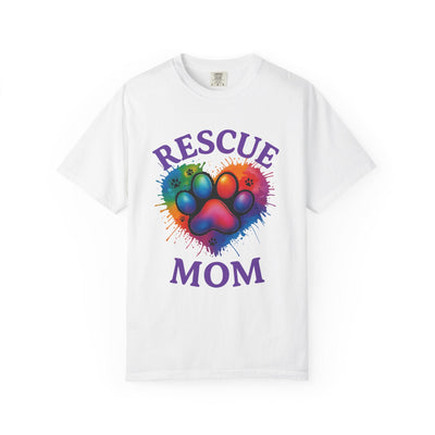 Rescue Mom T-shirt - Colorful Paw Print Shirt for Dog Lovers, Animal Rescue Volunteer Gift Printify