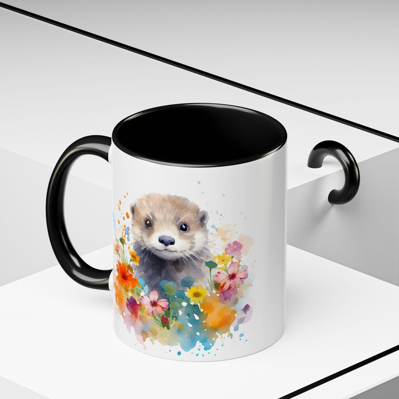 Cute Otter Floral Coffee Mug, Watercolor Animal Lover Gift, Red Handle Ceramic Cup Colorful Otter Coffee Mug, Floral Design, Cute Animal Mug Printify