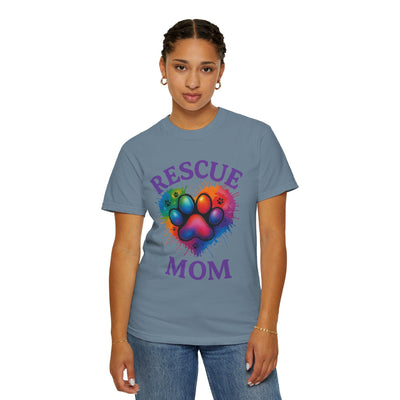 Rescue Mom T-shirt - Colorful Paw Print Shirt for Dog Lovers, Animal Rescue Volunteer Gift Printify