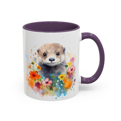 Cute Otter Floral Coffee Mug, Watercolor Animal Lover Gift, Red Handle Ceramic Cup Colorful Otter Coffee Mug, Floral Design, Cute Animal Mug Printify