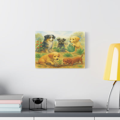 Canvas Wall Art, Puppy Garden Print, Dog Nursery Decor, Watercolor Dog Art, Dogs in the Garden, Farmhouse Style Pet Art, Playful Puppies Printify