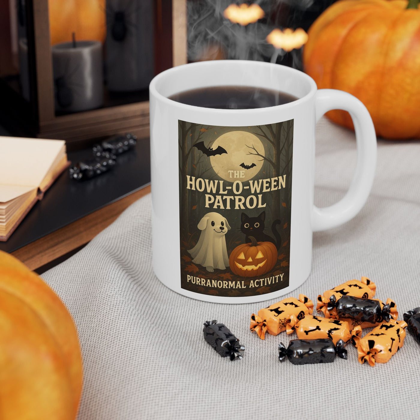 Spooky Halloween Mug, Ghost Pup, Black Cat, Pumpkin Design, Gift for Pet Lovers, 'Purranormal' Activity, Coffee Tea Hot Cocoa Cup, Vibrant Printify