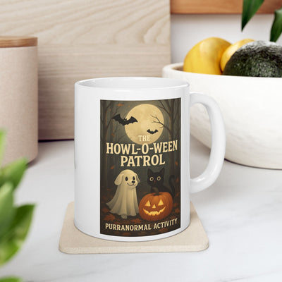 Spooky Halloween Mug, Ghost Pup, Black Cat, Pumpkin Design, Gift for Pet Lovers, 'Purranormal' Activity, Coffee Tea Hot Cocoa Cup, Vibrant Printify