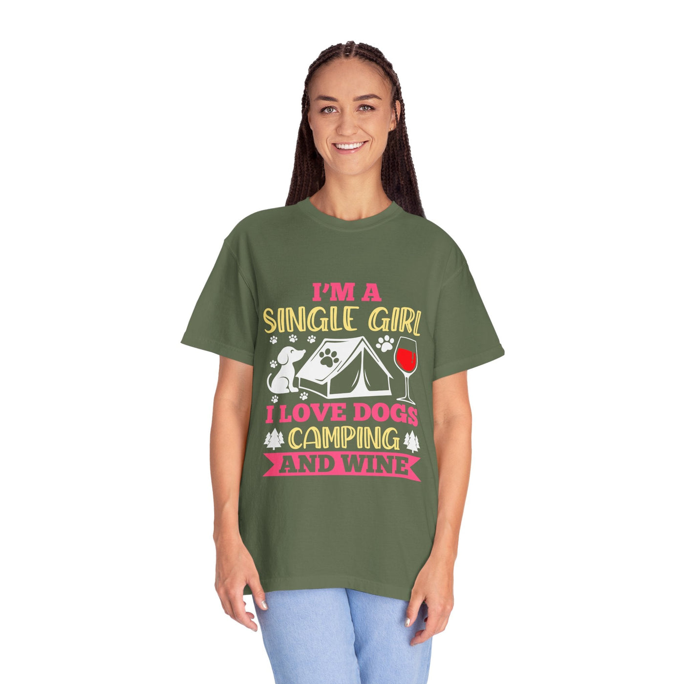 Single Girl Who Loves Dogs Camping and Wine Tee, Funny Pet Lover Campfire Shirt, Wine and Dog Lovers T Shirt, Cute Single Girl Shirt Printify