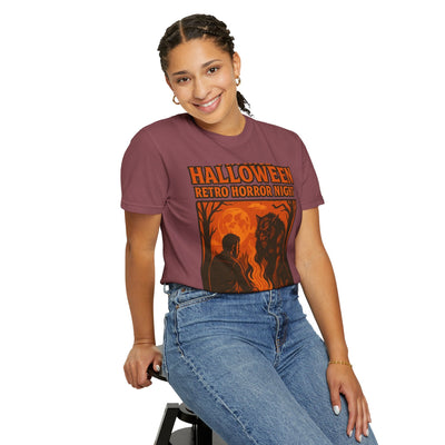 Halloween Retro Horror Night T Shirt   Vintage Werewolf Campfire Scene, Spooky Forest Graphic Tee for Halloween Lovers Printify