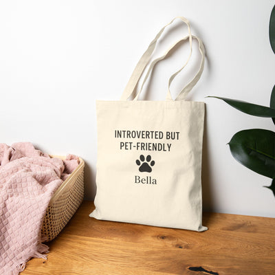 Introverted But Pet-Friendly Personalized Tote Bag, Custom Name Cotton Tote for Pet Lovers & Animal Introverts, Gift for Pet Lovers, Printify