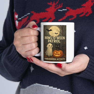 Spooky Halloween Mug, Ghost Pup, Black Cat, Pumpkin Design, Gift for Pet Lovers, 'Purranormal' Activity, Coffee Tea Hot Cocoa Cup, Vibrant Printify