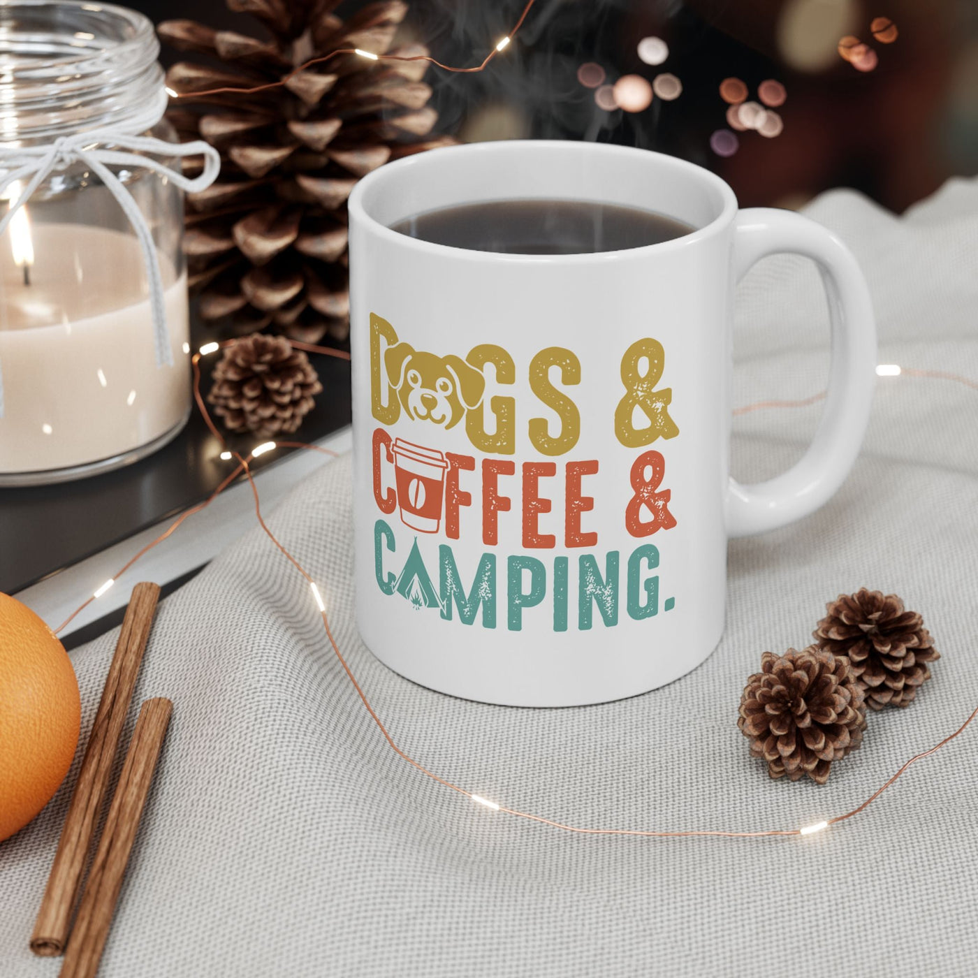 Dog Camping Ceramic Mug, Fall Dog Lover Gift, Halloween Coffee Cup, Cute Campfire Mug, Spooky Fall Dog Mom Gift, Pet Lover Mug Printify