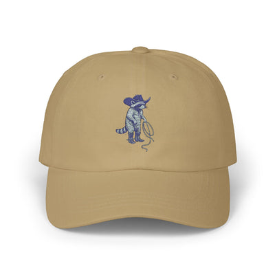Embroidered Cowboy Raccoon Cap, Animal Lover Hat, Western Style Dad Hat, Beige Cotton Low-Profile Baseball Cap, Quirky Fashion Accessory Printify