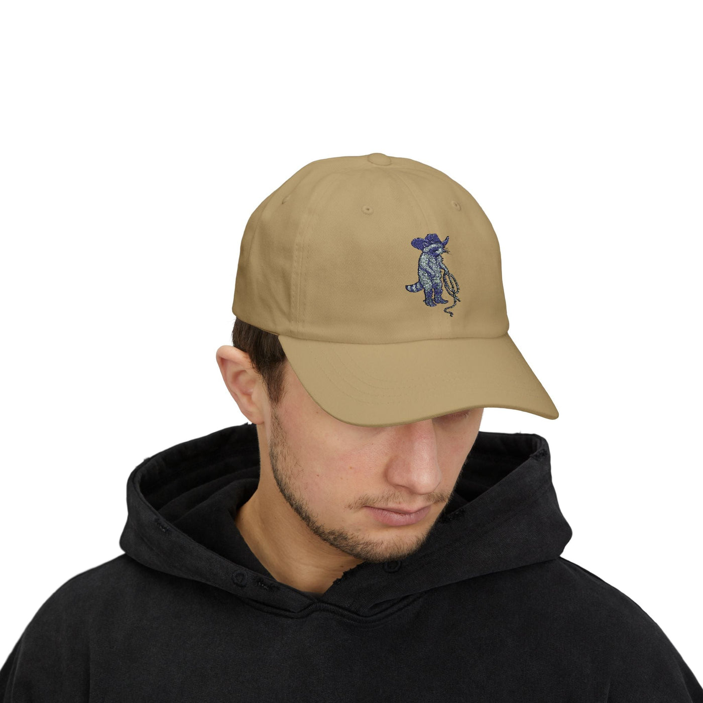 Embroidered Cowboy Raccoon Cap, Animal Lover Hat, Western Style Dad Hat, Beige Cotton Low-Profile Baseball Cap, Quirky Fashion Accessory Printify
