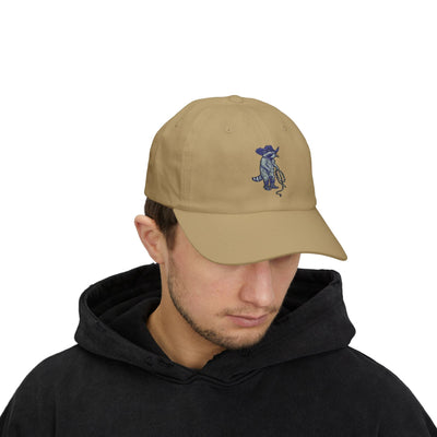 Embroidered Cowboy Raccoon Cap, Animal Lover Hat, Western Style Dad Hat, Beige Cotton Low-Profile Baseball Cap, Quirky Fashion Accessory Printify