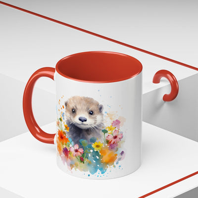 Cute Otter Floral Coffee Mug, Watercolor Animal Lover Gift, Red Handle Ceramic Cup Colorful Otter Coffee Mug, Floral Design, Cute Animal Mug Printify