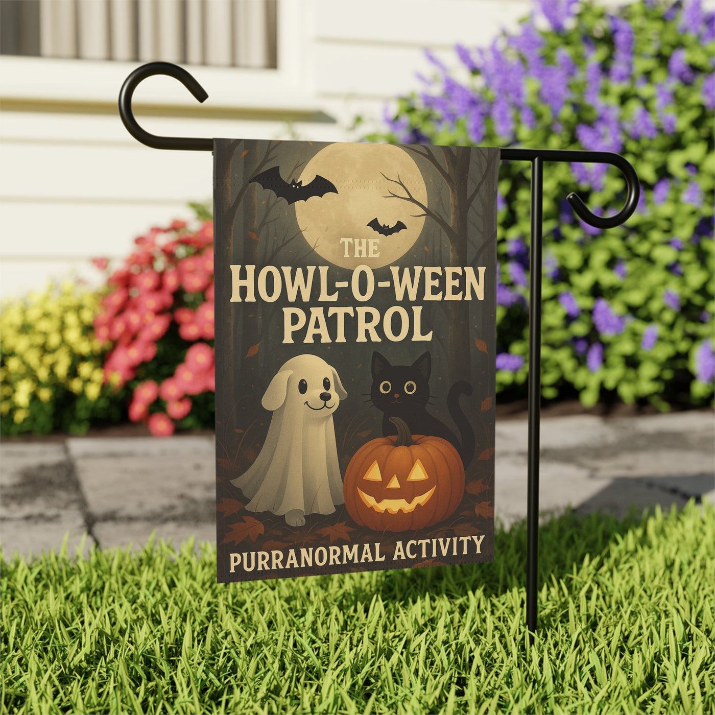 Howl-O-Ween Garden Flag, Cute Dog Cat Halloween Yard Decor, Fall Outdoor Flag for Porch, Pet Lovers Holiday Decoration Printify