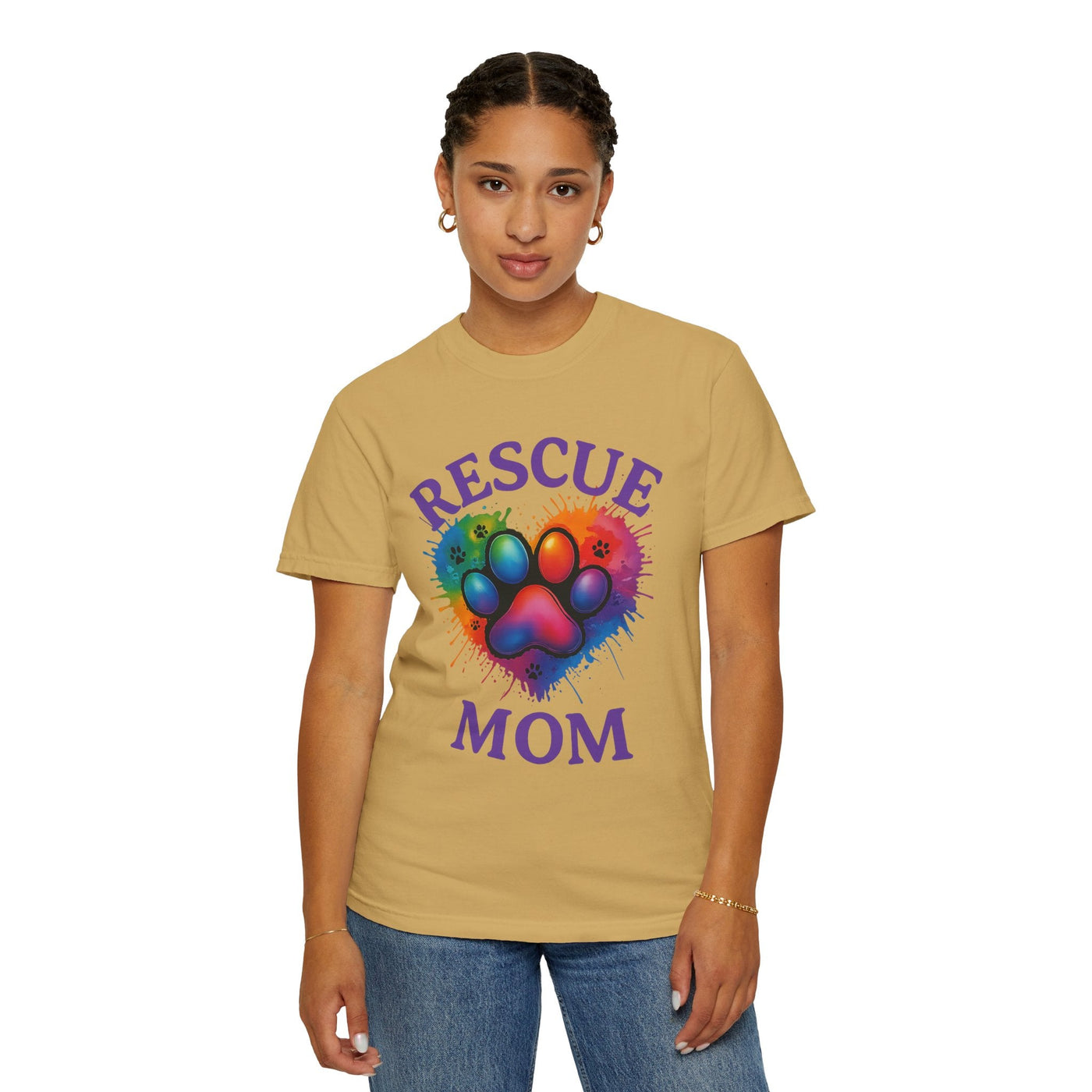 Rescue Mom T-shirt - Colorful Paw Print Shirt for Dog Lovers, Animal Rescue Volunteer Gift Printify