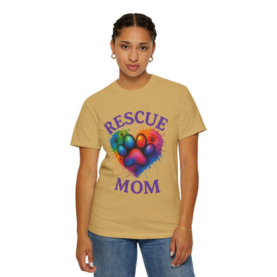 Rescue Mom T-shirt - Colorful Paw Print Shirt for Dog Lovers, Animal Rescue Volunteer Gift Printify