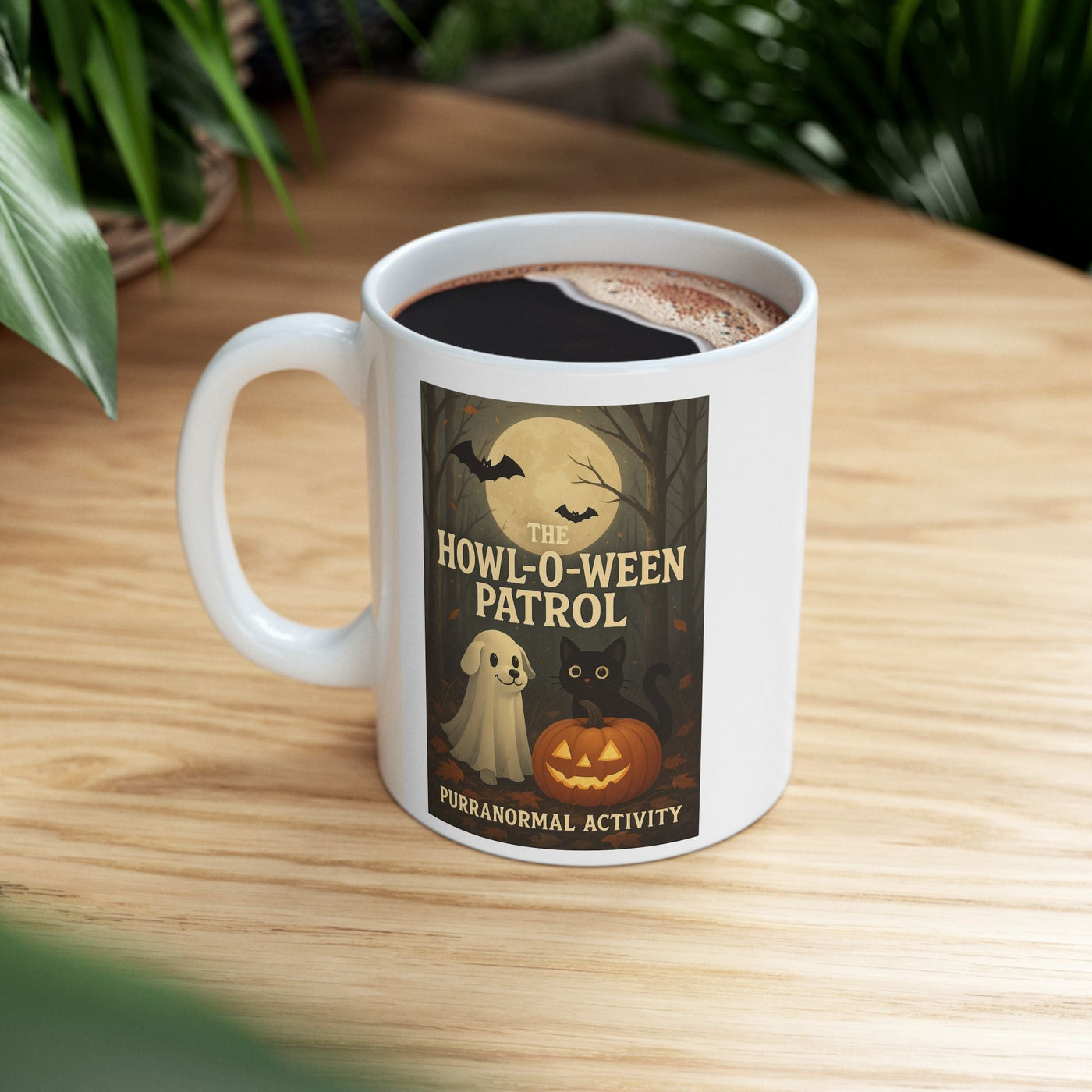 Spooky Halloween Mug, Ghost Pup, Black Cat, Pumpkin Design, Gift for Pet Lovers, 'Purranormal' Activity, Coffee Tea Hot Cocoa Cup, Vibrant Printify