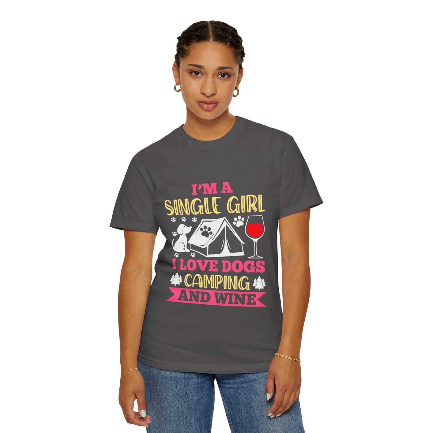 Single Girl Who Loves Dogs Camping and Wine Tee, Funny Pet Lover Campfire Shirt, Wine and Dog Lovers T Shirt, Cute Single Girl Shirt Printify