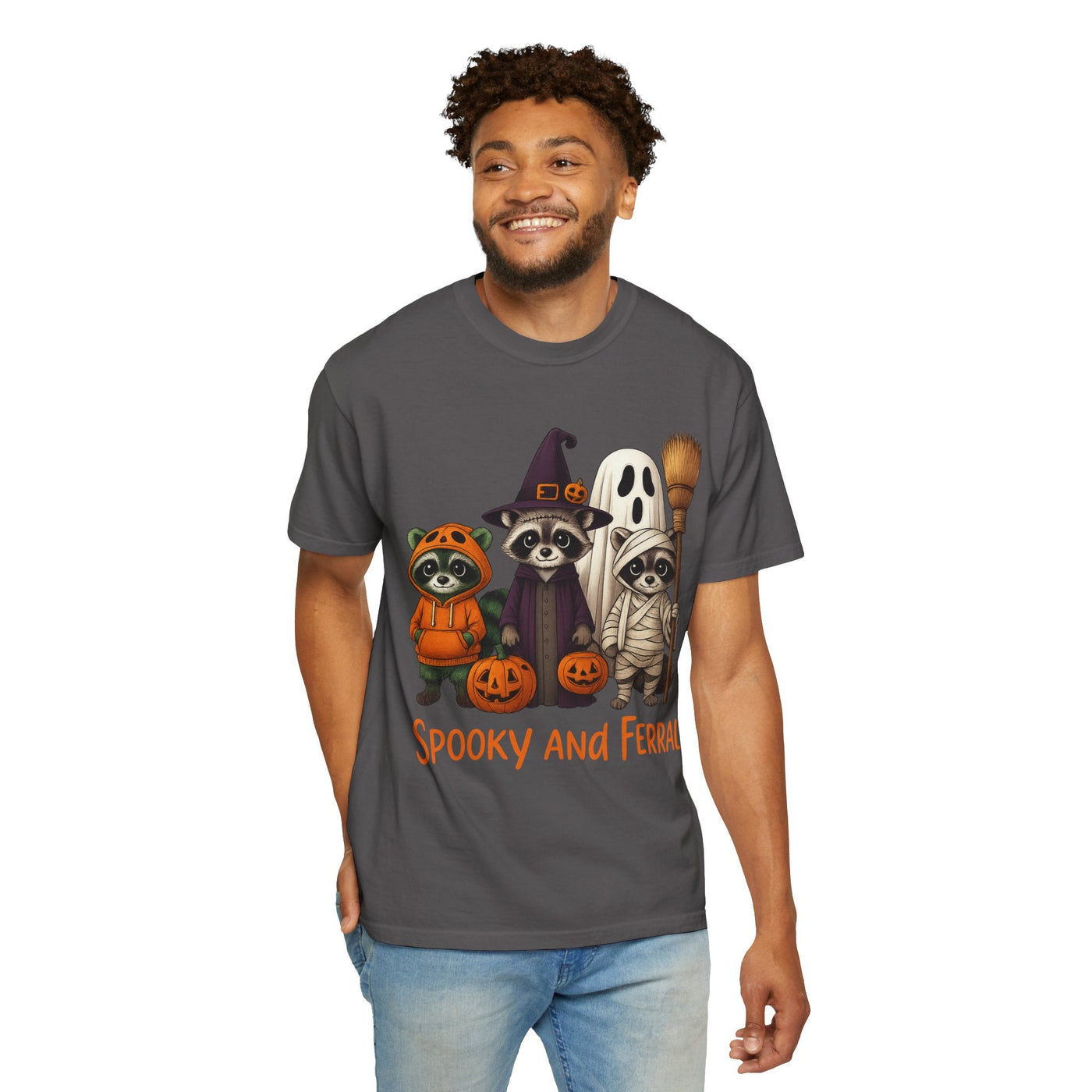 Halloween Raccoon T-shirt, Spooky Season Unisex Tee, Fall Atmosphere Ghosts Witches Costume Party Shirt, Festive Holiday Adult Clothing - Clawsy.store