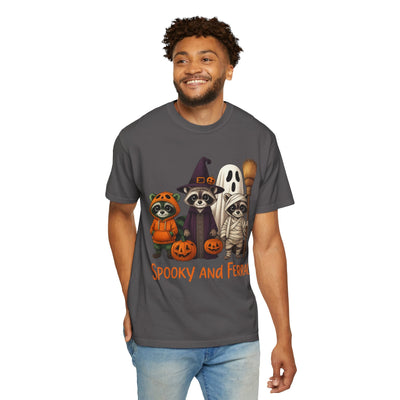 Halloween Raccoon T-shirt, Spooky Season Unisex Tee, Fall Atmosphere Ghosts Witches Costume Party Shirt, Festive Holiday Adult Clothing - Clawsy.store