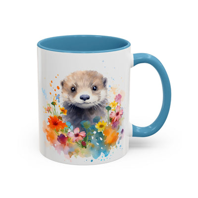 Cute Otter Floral Coffee Mug, Watercolor Animal Lover Gift, Red Handle Ceramic Cup Colorful Otter Coffee Mug, Floral Design, Cute Animal Mug Printify