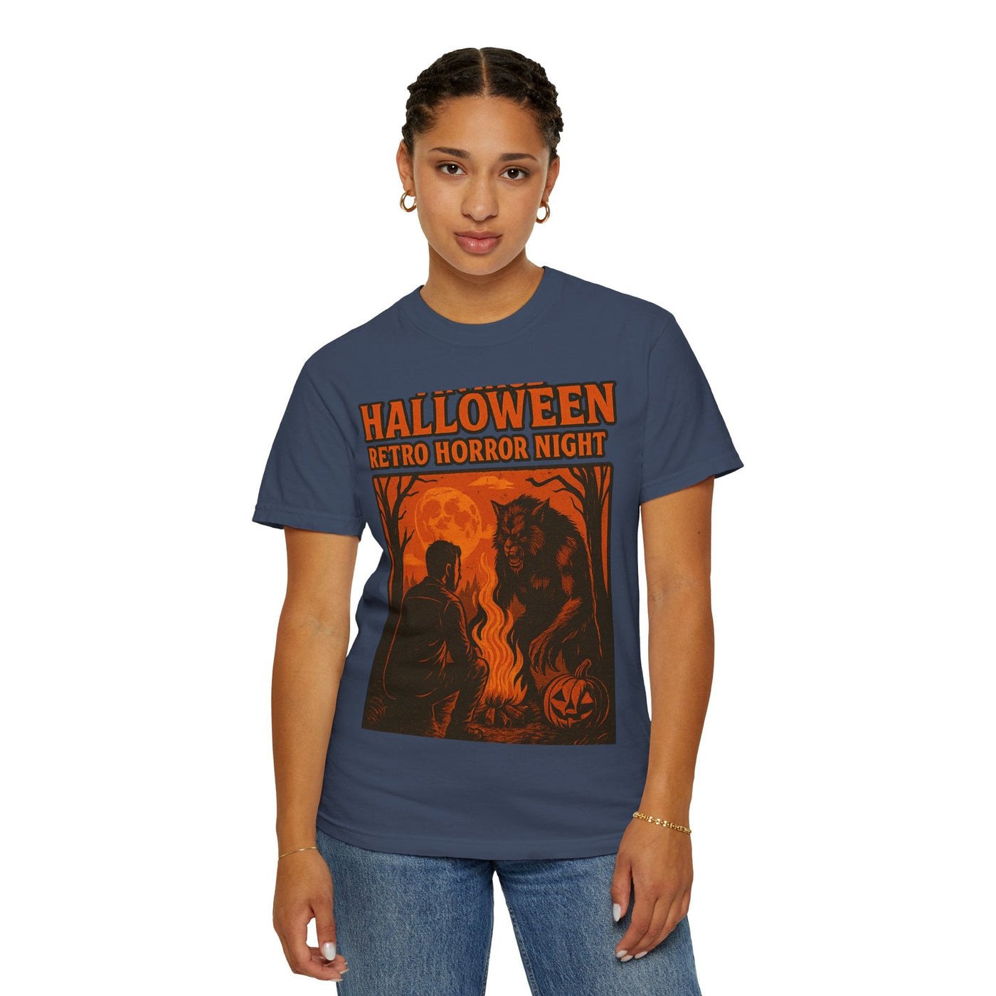 Halloween Retro Horror Night T Shirt   Vintage Werewolf Campfire Scene, Spooky Forest Graphic Tee for Halloween Lovers Printify