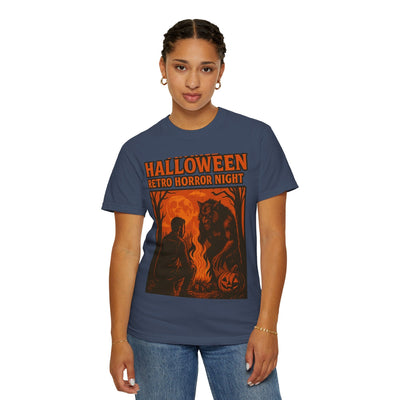 Halloween Retro Horror Night T Shirt   Vintage Werewolf Campfire Scene, Spooky Forest Graphic Tee for Halloween Lovers Printify