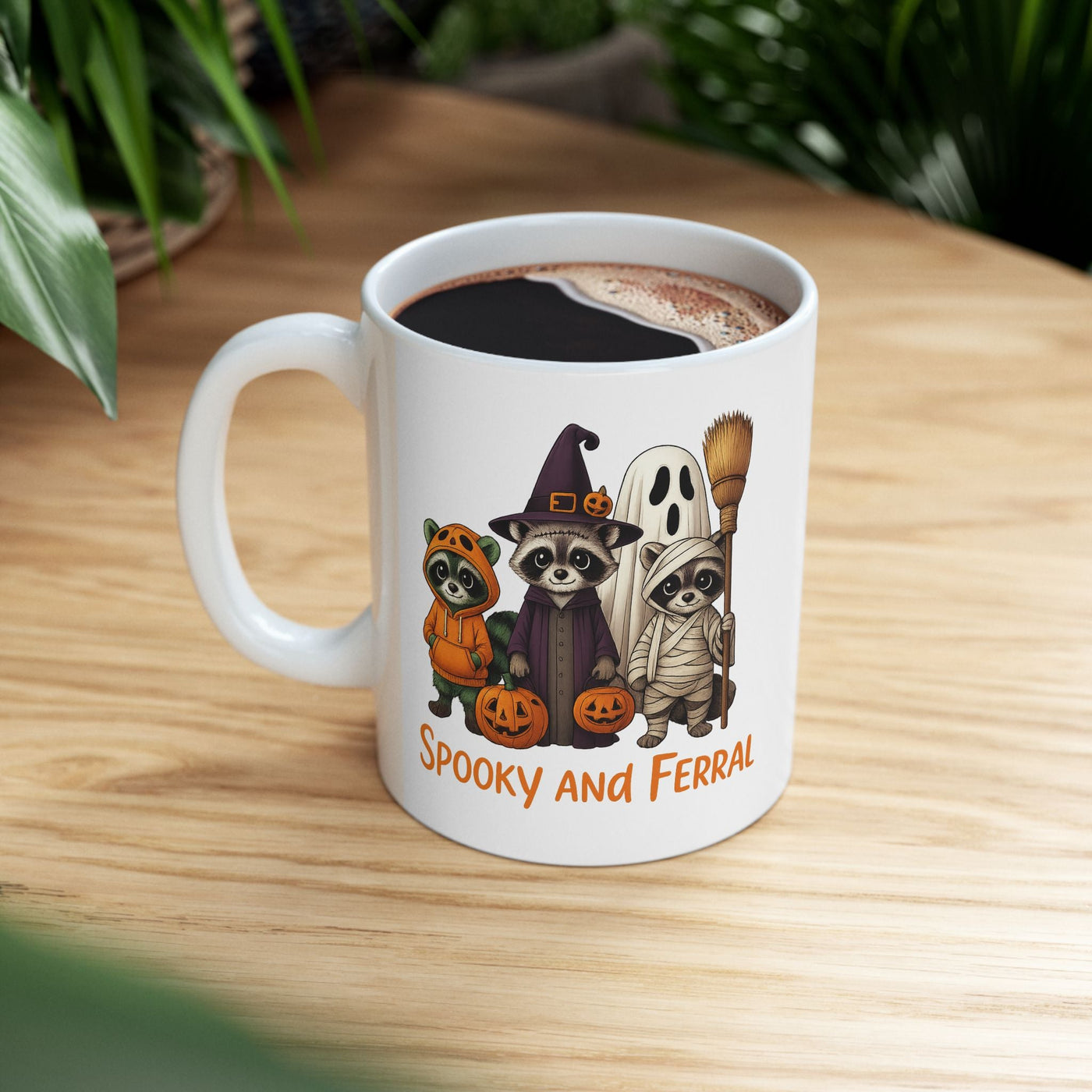 Just a Spooky Feral Halloween Raccoon Mug , Cute Funny Animal Coffee Cup for Fall, Trick or Treat Gift, Autumn Vibes - Clawsy.store