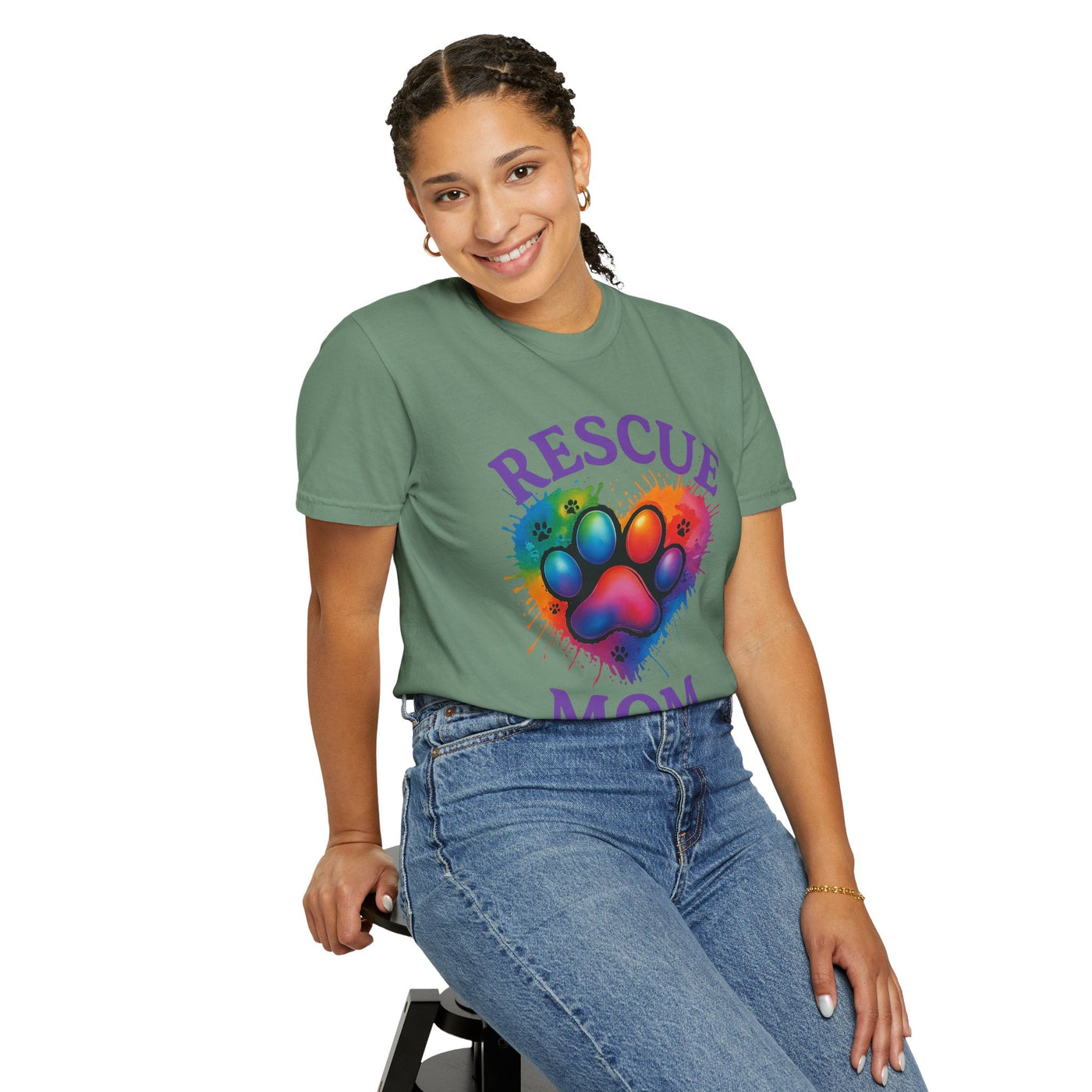 Rescue Mom T-shirt - Colorful Paw Print Shirt for Dog Lovers, Animal Rescue Volunteer Gift Printify