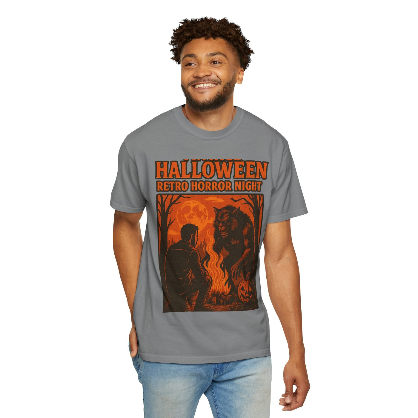 Halloween Retro Horror Night T Shirt   Vintage Werewolf Campfire Scene, Spooky Forest Graphic Tee for Halloween Lovers Printify