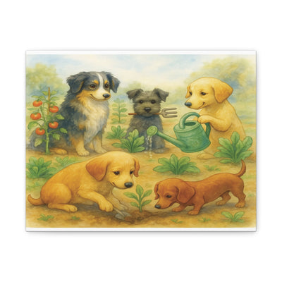 Canvas Wall Art, Puppy Garden Print, Dog Nursery Decor, Watercolor Dog Art, Dogs in the Garden, Farmhouse Style Pet Art, Playful Puppies Printify