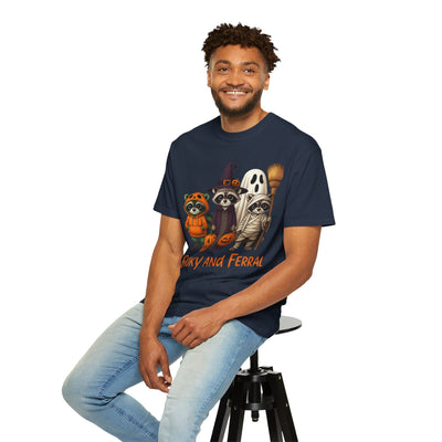 Halloween Raccoon T-shirt, Spooky Season Unisex Tee, Fall Atmosphere Ghosts Witches Costume Party Shirt, Festive Holiday Adult Clothing - Clawsy.store