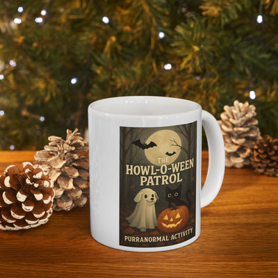 Spooky Halloween Mug, Ghost Pup, Black Cat, Pumpkin Design, Gift for Pet Lovers, 'Purranormal' Activity, Coffee Tea Hot Cocoa Cup, Vibrant Printify