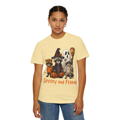 Halloween Raccoon T-shirt, Spooky Season Unisex Tee, Fall Atmosphere Ghosts Witches Costume Party Shirt, Festive Holiday Adult Clothing - Clawsy.store