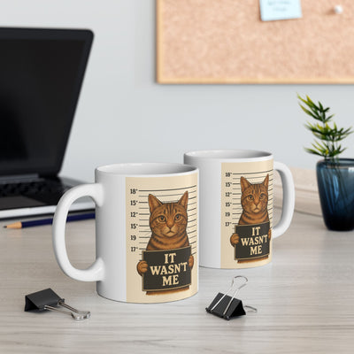 Ceramic Mug - It Wasn't Me Cat Mugshot Design, Funny Cat Lover Gift, Retro Text, Humorous Palette, Cat Parent Gift, Office Mug, Cat Truth Printify