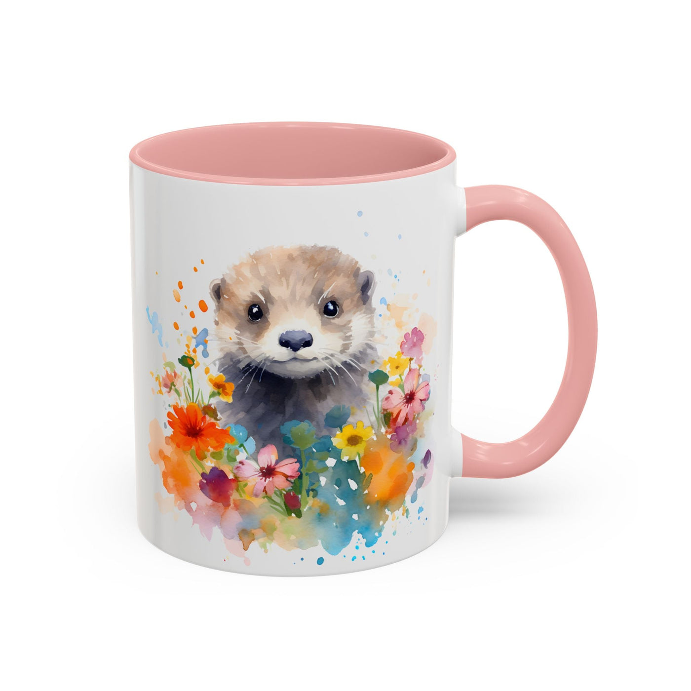 Cute Otter Floral Coffee Mug, Watercolor Animal Lover Gift, Red Handle Ceramic Cup Colorful Otter Coffee Mug, Floral Design, Cute Animal Mug Printify