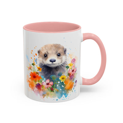 Cute Otter Floral Coffee Mug, Watercolor Animal Lover Gift, Red Handle Ceramic Cup Colorful Otter Coffee Mug, Floral Design, Cute Animal Mug Printify
