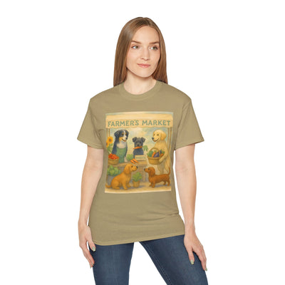 Dog Lover's Farmer's Market T-Shirt - Unisex Tee, Vintage Dog Art Shirt, Gift for Dog Mom or Dad, Casual Pet Lover Tee, Cute Animal Market Printify