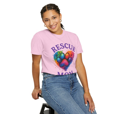 Rescue Mom T-shirt - Colorful Paw Print Shirt for Dog Lovers, Animal Rescue Volunteer Gift Printify