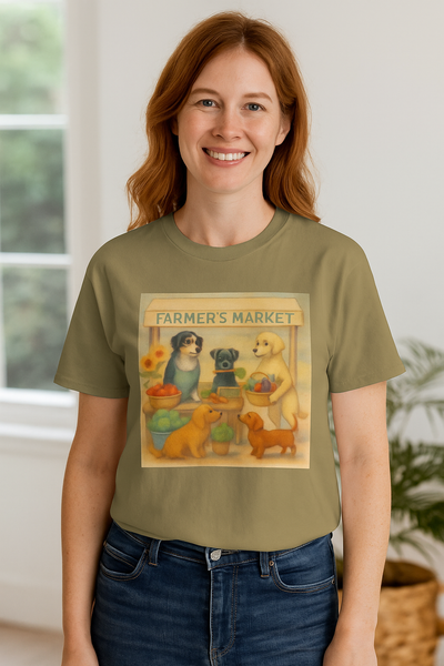 Dog Lover's Farmer's Market T-Shirt - Unisex Tee, Vintage Dog Art Shirt, Gift for Dog Mom or Dad, Casual Pet Lover Tee, Cute Animal Market Printify