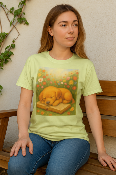 Cozy Literary Pup Tee, Cute Dog Shirt, Book Lover Gift, Floral Graphic Tee, Animal Lover Apparel Printify
