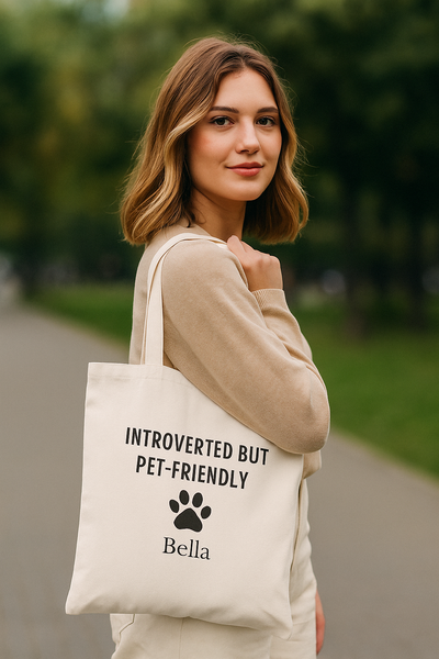 Introverted But Pet-Friendly Personalized Tote Bag, Custom Name Cotton Tote for Pet Lovers & Animal Introverts, Gift for Pet Lovers, Printify