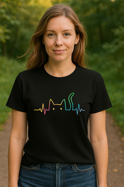 Rainbow Cat EKG Unisex T-Shirt - Cute Cat Lover Tee, Vibrant Pet Parent Shirt, Nurse Vet Tech Gift, Minimalist Cat Silhouette, Colorful Printify