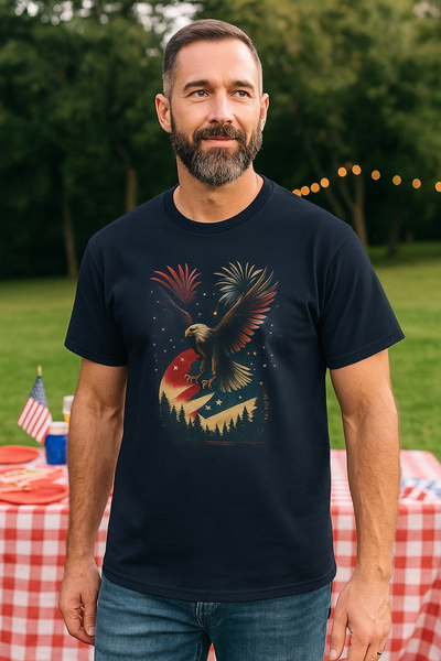 Unisex Patriotic Eagle T-Shirt, 4th of July Fireworks Graphic Tee for Men and Women, USA Independence Day Apparel, Bald Eagle Shirt, Printify