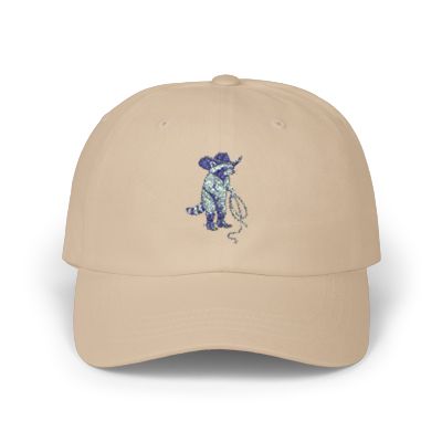 Embroidered Cowboy Raccoon Cap, Animal Lover Hat, Western Style Dad Hat, Beige Cotton Low-Profile Baseball Cap, Quirky Fashion Accessory Printify