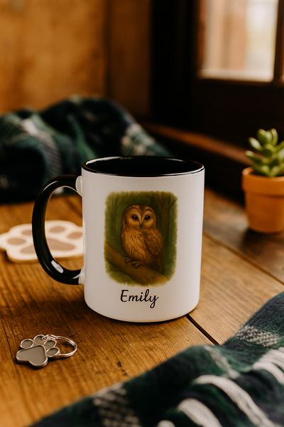 Personalized Owl Coffee Mug - Custom Name Forest Owl Mug - Nature Lover Gift, Rustic Wildlife Ceramic Cup - Unique Birdwatcher Mug for Women Printify