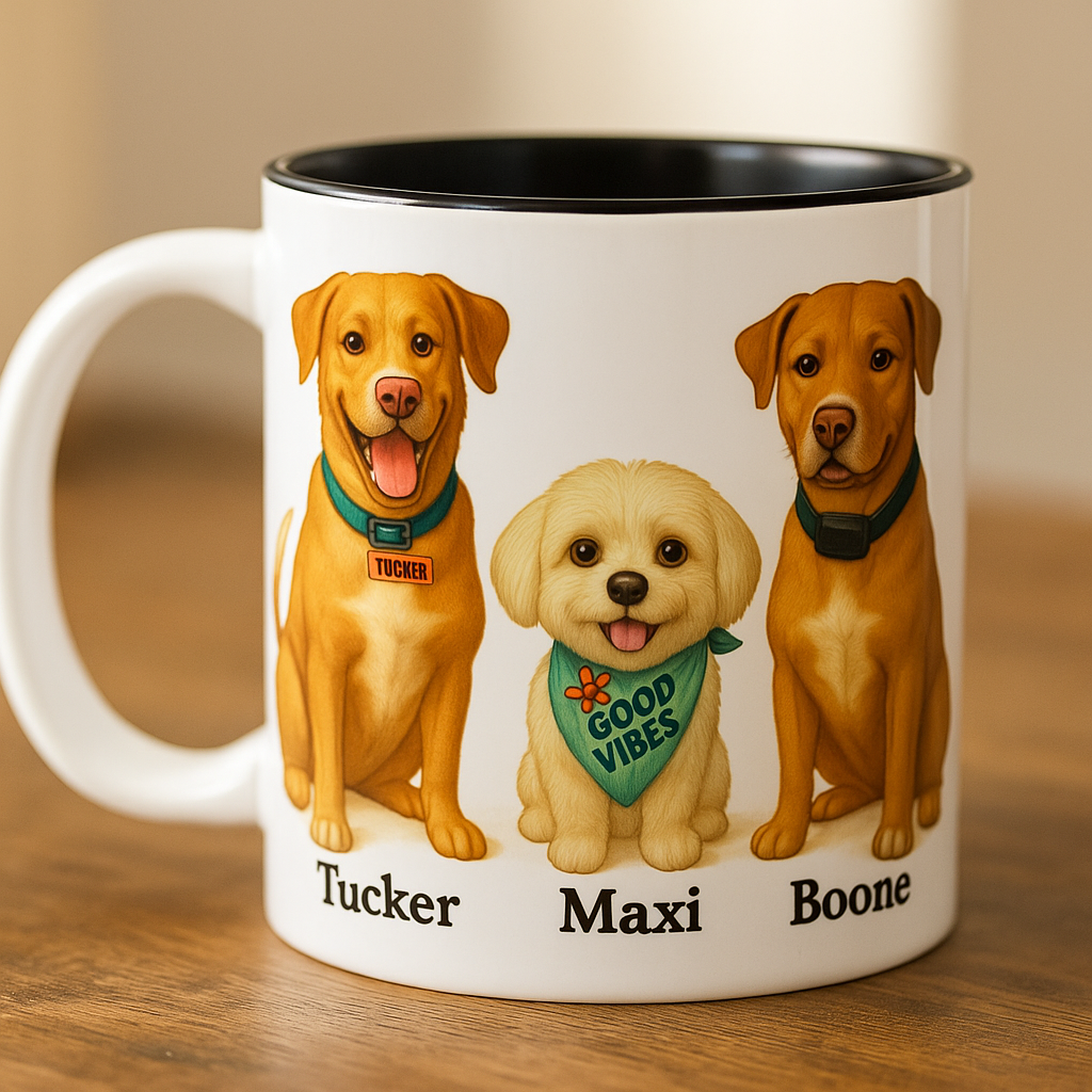 Custom Pet Portrait Coffee Mug - Personalized Dog Lover Gift with Names - 11oz 15oz Cute Pet Memorial, Dog Mom or Dad Present - Vibrant Printify