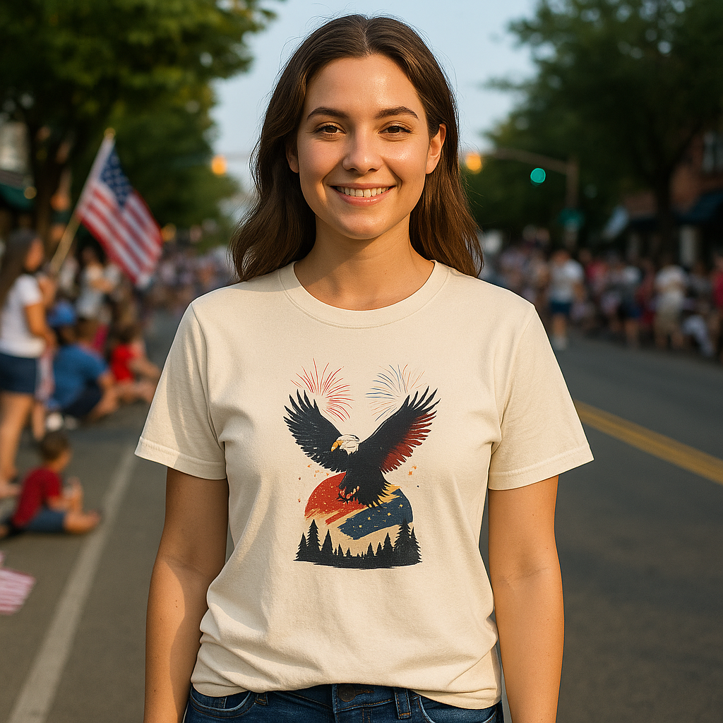 Unisex Patriotic Eagle T-Shirt, 4th of July Fireworks Graphic Tee for Men and Women, USA Independence Day Apparel, Bald Eagle Shirt, Printify
