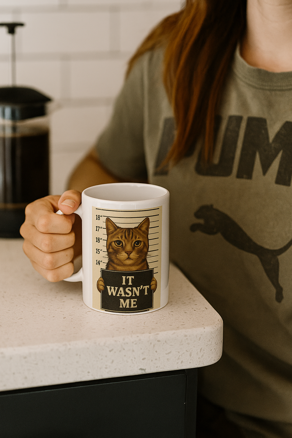 Ceramic Mug - It Wasn't Me Cat Mugshot Design, Funny Cat Lover Gift, Retro Text, Humorous Palette, Cat Parent Gift, Office Mug, Cat Truth Printify