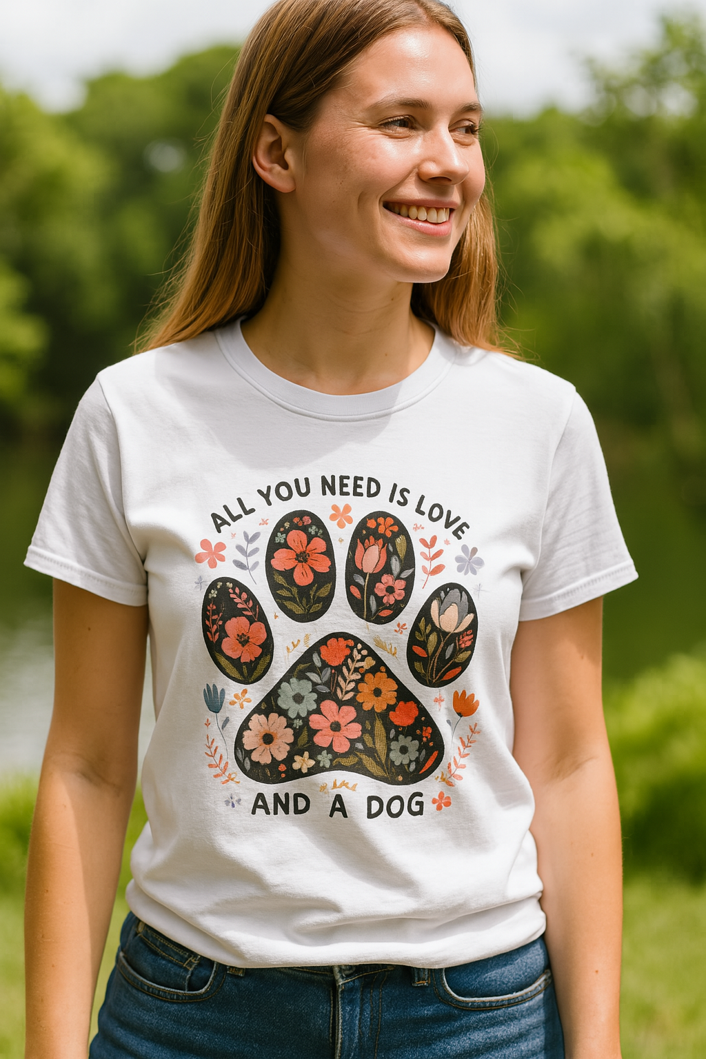 Dog Lover Boho Floral Paw Print Unisex Garment-Dyed T-shirt, All You Need Is Love and a Dog Shirt, Dog Mom Gift, Dog Dad Present, Pet Lover Printify
