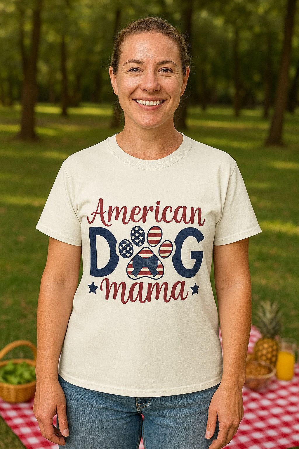 American Dog Mama Shirt - Patriotic Dog Mom T-Shirt - USA Flag Paw Print Tee - 4th of July Dog Lover Gift for Women - 4th of July Apparel Printify
